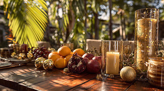 Warm and inviting outdoor New Year celebration scene featuring a beautifully arranged table with fruits, candles, and festive decorations, creating a cozy atmosphere for gathering