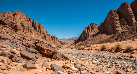 Arid canyon landscape with sandstone cliffs and rocky riverbed under a clear blue sky day view ai generated