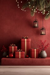 Festive Display of Wrapped Gifts on Red Stage Surrounded by Decorated Pine Trees During Winter Season