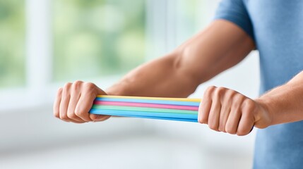 Male athlete demonstrating strength by stretching colorful resistance bands in a bright, airy indoor space, showcasing fitness and determination in a dynamic workout environment