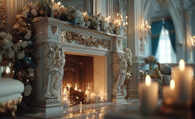 Elegant Fireplace Decorated With Flowers and Candles in a Grand Room Setting
