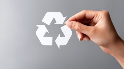 Hand holding a white recycling symbol against a soft gray background, emphasizing sustainability and environmental awareness in a modern context with a focus on eco-friendly practices
