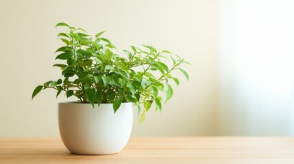 Fototapeta premium A vibrant green plant is placed in a glossy white pot on a wooden table. Natural light streams through a nearby window, illuminating the fresh leaves, creating a calming atmosphere.