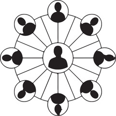 Central figure connected to surrounding figures in circular diagram connection network vector illustration EPS file download.
