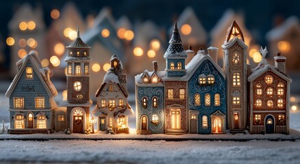 Charming Snowy Village Scene With Colorful Houses Illuminated at Night