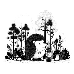 A monochrome illustration of a hedgehog with a lantern in a forest with mushrooms and trees