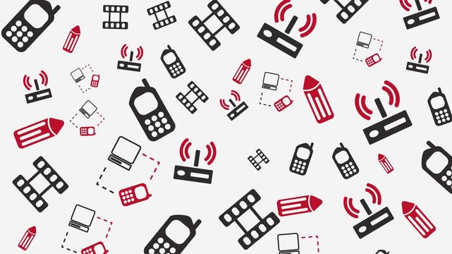Patterned Digital Communication Icons Repeating Design, Graphic Illustration, Abstract Technology Symbols, Seamless Background, Flat View, Modern Concept