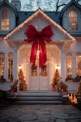 Charming Holiday Decorations at a Cozy White House With Festive Lights and a Large Red Bow