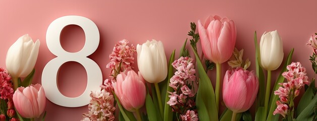 Celebration of Spring With Colorful Tulips and Number Eight on Pastel Background