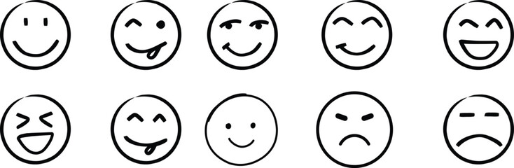 emoji face  Emoticon features emoji faces in   smile, happy, sad, angry, and surprised expressions color, simple line smiley face vector illustration. Doodle Emoji face icon set. Hand drawn sketch sty