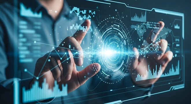 Abstract blue and teal candlestick chart displaying financial market data and stock trading trends with a wavy line overlay, representing economic analysis and investment