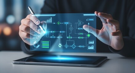 Closeup of a persons hands using a laptop, with a transparent overlay of various digital icons related to online learning, goal achievement, and business strategy