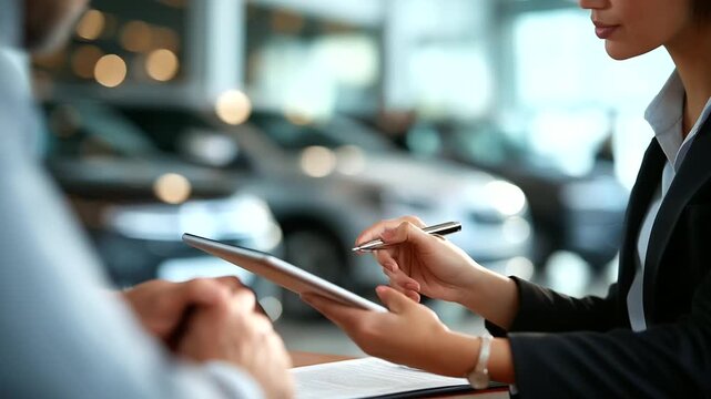 Car saleswoman's hands showing digital tablet with vehicle specifications to customers across modern dealership desk new vehicles visible through showroom glass defocused behind