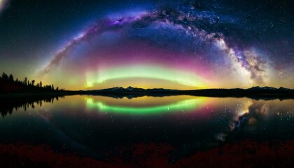Aurora borealis and milky way vividly illuminate a serene lake at night, their vibrant colors reflecting on the calm water amidst silhouettes of distant mountains and trees, creating a breathtaking ce