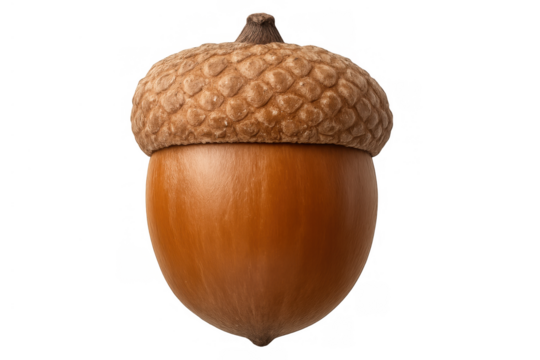 Acorn with cap in detailed close-up view, isolated on transparent background, showcasing autumn nature and forest growth