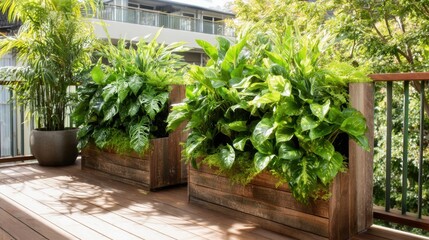 Obraz premium Two large wooden planters filled with vibrant green plants sit on the wooden deck of a sunny balcony. The scene is peaceful, surrounded by greenery and modern architecture.
