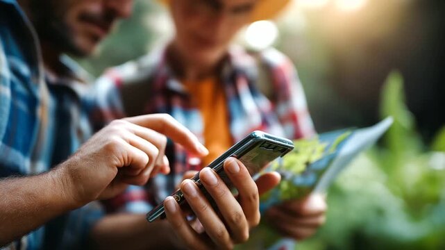 Friends geocaching in forest, smartphone and map in hands, teamwork and adventure, treasure hunt concept, exploration and fun, digital nature connection, outdoor bonding, creative