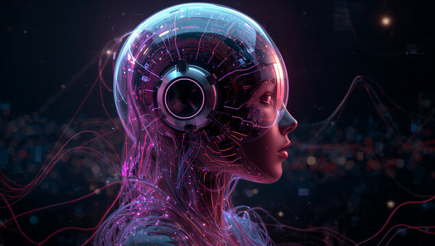 Artificial intelligence head digital technology neon futuristic mind AI concept - Powered by Adobe