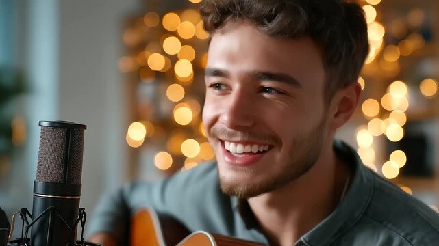 Musician recording cover song at home studio, microphone and acoustic guitar, warm lights, emotion and passion, sound production, music creativity, artistic performance, modern ind