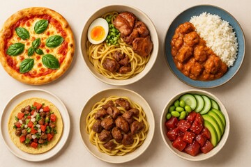 Variety of delicious dishes presented: pizza, bowls with pasta, rice and taco.