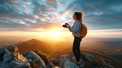 Travel vlogger filming on mountain viewpoint at sunrise, handheld camera, cinematic light, adventure and discovery, storytelling and authenticity, travel content creation, wanderlu