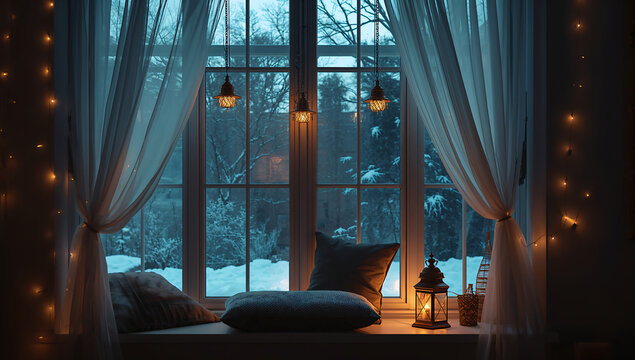 Cozy window seat winter scene snowy landscape pendant lights warm