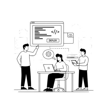 Professional development team collaborates on code deployment and project management within a modern digital workspace