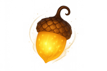 Glowing golden acorn digital illustration featuring fantasy light, magic, and enchantment with a transparent background