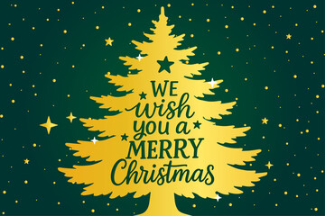 Golden Christmas tree with the festive text &ldquo;We Wish You a Merry Christmas&rdquo; on a green background. Fully editable vector illustration perfect for greeting cards, posters and holiday marketing
