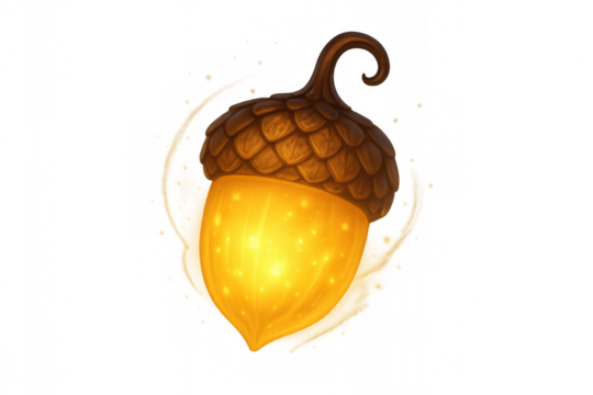 Glowing golden acorn digital illustration featuring fantasy light, magic, and enchantment with a transparent background