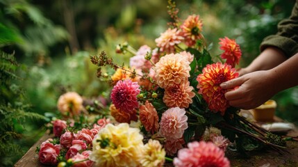 Hands skillfully arrange bright dahlias and roses into a beautiful bouquet surrounded by greenery in a garden during daylight. The scene is vibrant and lively.
