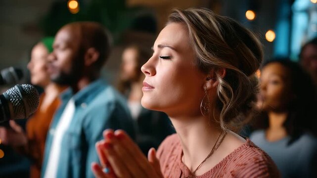 Acapella singing group performing in modern studio, microphones and harmony, teamwork and joy, creativity and sound, music culture, collaboration and art, recording performance, vo