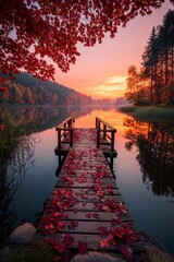 Serene Sunset View From a Wooden Dock Surrounded by Vibrant Autumn Foliage at a Tranquil Lake