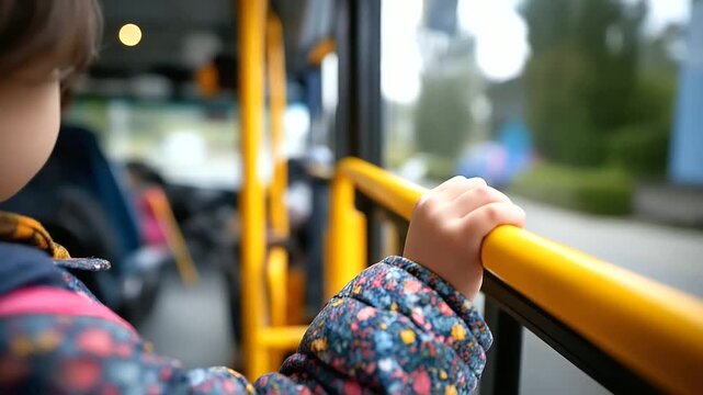 Small child's hand in colorful jacket gripping yellow bus handrail while stepping up into school bus driver's seat and dashboard visible morning school route stop defocused throu