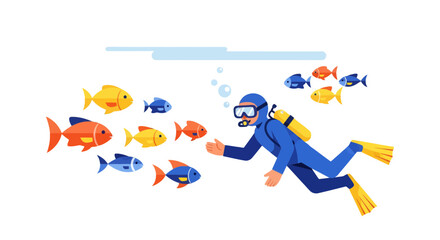 Obraz premium Underwater Exploration With A Diver And A Colorful School Of Fish In The Deep Ocean