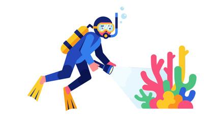 Underwater Explorer Discovering Colorful Coral Reef With Powerful Flashlight