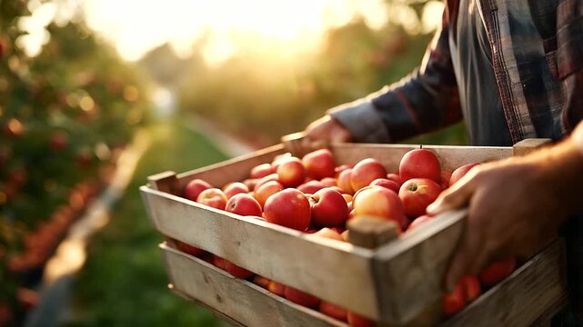 Hardworking hands lifting wooden crate overflowing with freshly harvested bright red apples individual fruit clearly visible ordered orchard rows with apple laden trees