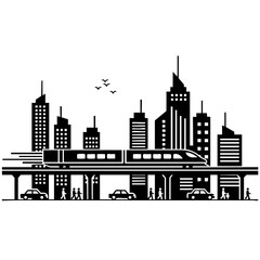 Obraz premium Monochrome Minimal Flat Design Icon of High Speed Rail Passing Through Metropolitan Cityscape
