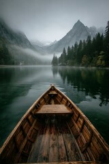 Misty Lake Scene With a Wooden Boat Near the Shore and Mountains in the Background