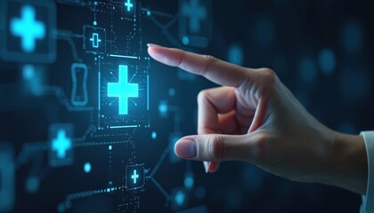 Hand touches digital plus sign. Health care network interface is activated. Doctor uses innovation for medicine or insurance online. Modern virtual future tech screen with connection.