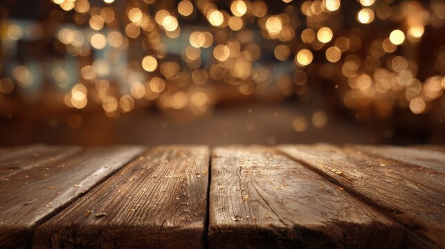 wooden surface with bokeh background in warm tones creating a festive and inviting atmosphere view