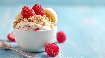 A delicious yogurt bowl filled with creamy yogurt topped with sliced strawberries and bananas, sprinkled with granola, placed on a blue wooden surface.