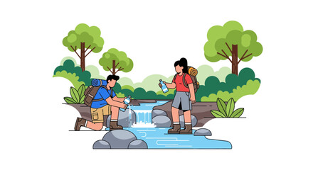 Two People Refreshing Water at a Stream While Backpacking Through the Wilderness