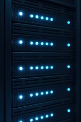 Fototapeta premium Close-up view of a server rack with blue indicator lights on a dark surface.