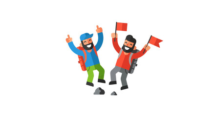 Two Victorious Adventurers Celebrate Achievement With Flags After Reaching Goal Success