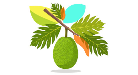 Vibrant Breadfruit Illustration on a Branch with Leaves: Tropical Botanical Art