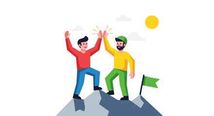 Two Victorious Individuals Celebrate Success After Conquering a Challenging Mountain