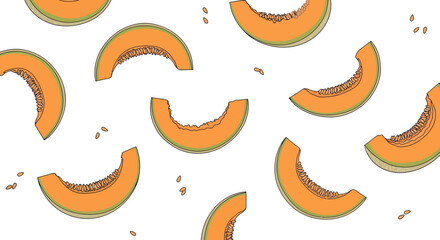 Vibrant Cantaloupe Slices: Fresh Summer Fruit Pattern on White Background Graphic Design