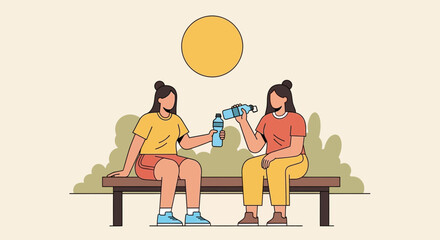 Two Women Rest And Rehydrate Outdoors On A Bench Under The Glowing Sunlight