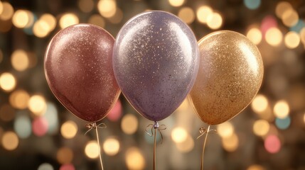 three glittery balloons against a backdrop of festive lights  perfect for cards invitations and holiday decorations